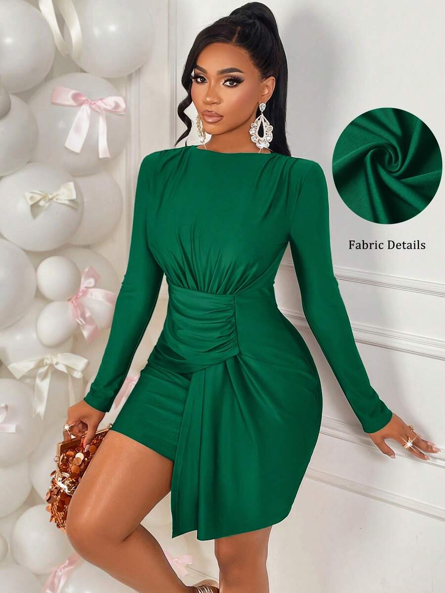 AIJ Đầm dự tiệc gợi cảm thời trang Amarilo dành cho nữ, cổ tròn, tay dài, vai độn, bèo nhún ở eo, thiết kế bất đối xứng phối ghép. - màu xanh lá - Xem 1