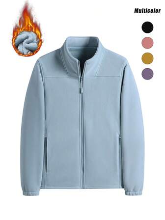 加厚保暖内衬情侣开衫，舒适立领羊羔绒外套，适合秋冬季节和滑雪穿着