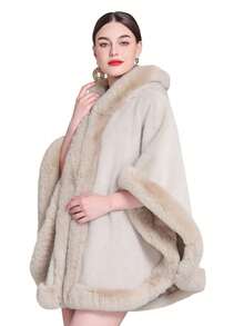 1pc Women's Hooded Multi-Color Faux Rabbit Fur Faux Fur Trim Thick Warm Windproof Fashion Poncho Shawl, Suitable For Daily Wear, Parties, Holidays, Travel