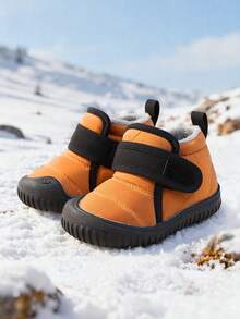 1双幼儿男童黄色中筒雪地靴，带扣，柔软羊毛内衬，圆头，平底，舒适保暖，时尚简约风格，适合冬季户外活动、室内保暖、节日和新年穿着。 - 黃色 - 查看 2