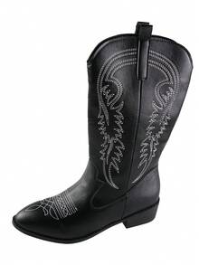 Western Style Embroidered Vintage Boots For Girls, Retro Platform Mid-Calf V-Cut Riding Boots, Winter New Arrival - Black - View 8