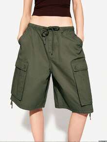 Y2K Cargo Jean Shorts Women Summer Camouflage Print Drawstring Low Rise Baggy Denim Shorts Casual Jorts Streetwear - 軍綠色 - 查看 8