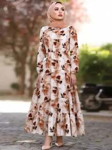 Women's Middle Eastern Style Printed Long Sleeve Dress - A-Line Round Neck Puff Sleeve With Asymmetric Hem, 100% Polyester Machine Washable, Casual To Formal Wear, All-Over Print With Ruffle Hem Tie Detail, Suitable For Spring/Autumn, Beach, Date