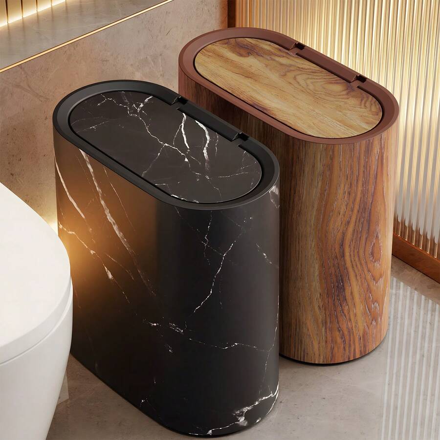 LOVEWE 1 Set 3.7-Gallon Odor-Proof Trash Cans (Double Bucket, Plastic), Marble & Wood Grain With Handles/Push-On Lids - 2pcs黑色+木紋色 - 查看 1