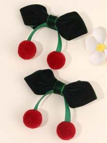 2 piezas Lazos de terciopelo para el cabello de niña, lindos lazos con acento de pompón rojo, tela de terciopelo roja/verde oscuro/negra a juego, adorables pasadores para el cabello, fiestas festivas, atuendos de invierno, clips con estilo alegre - se mantienen firmes en su lugar para la escuela, reuniones familiares, atuendos de otoño