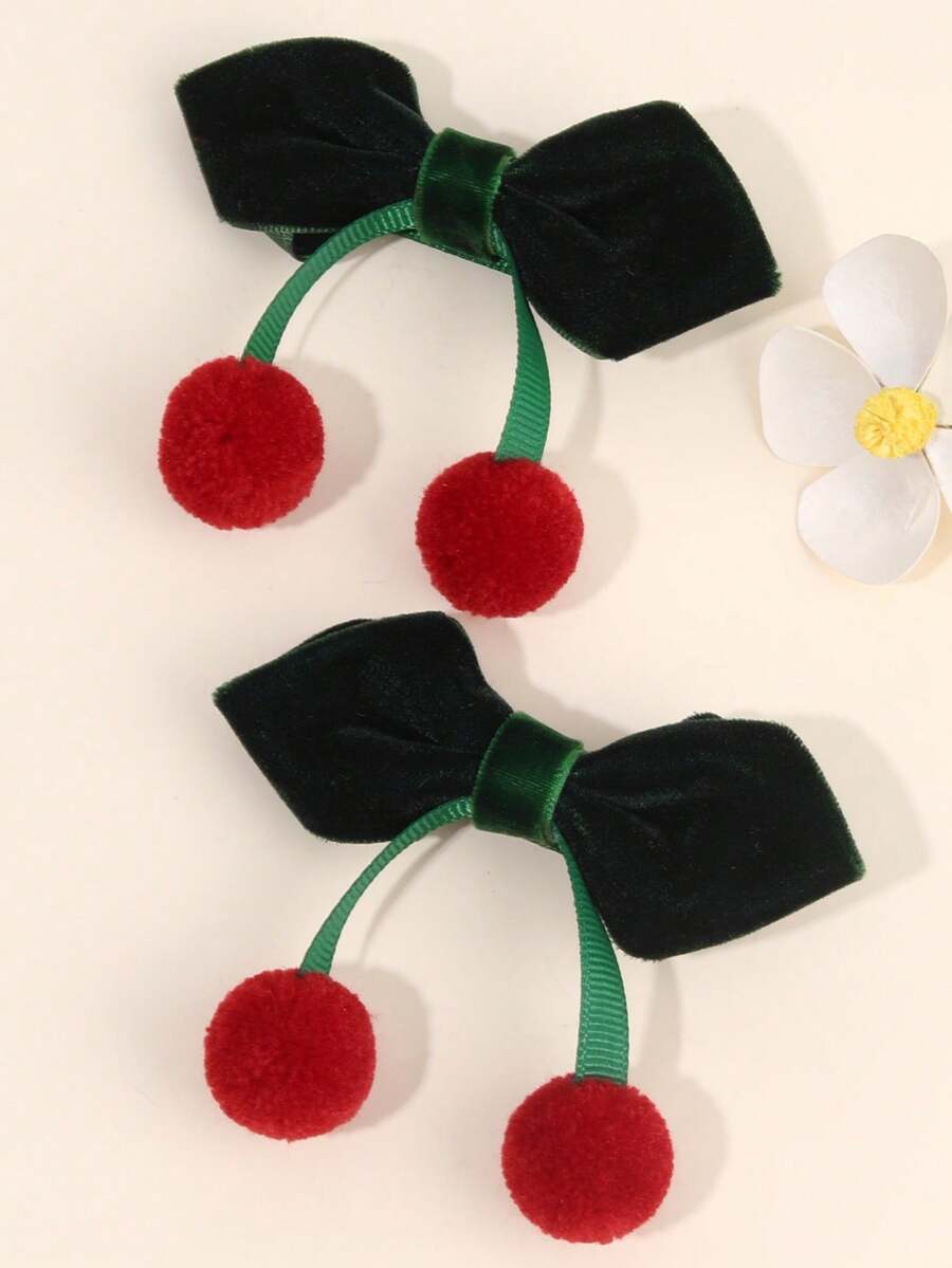 2 piezas Lazos de terciopelo para el cabello de niña, lindos lazos con acento de pompón rojo, tela de terciopelo roja/verde oscuro/negra a juego, adorables pasadores para el cabello, fiestas festivas, atuendos de invierno, clips con estilo alegre - se mantienen firmes en su lugar para la escuela, reuniones familiares, atuendos de otoño