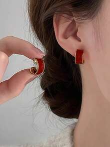 3 Pairs Elegant Burgundy Square & Round Drip Oil Design Earrings Set, Sophisticated & Versatile For Daily Wear, Formal Events, Fashion Accessories