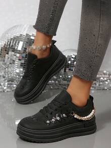 2.6 Inch Platform Women's Shoes, Spring/Autumn New Glitter Lace-Up Thick Sole Chunky Sneakers, Casual High Heel Wedge Shoes