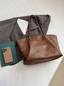 Sac fourre-tout minimaliste pour femmes, de couleur unie, convenant à tous les looks. Nouveau sac décoratif de couleur café pour l'automne et l'hiver. Sac à main et décontracté, avec grande capacité de rangement. Sac de transport léger et spacieux pour les étudiantes au quotidien. Sac de navette multifonctionnel avec fermeture éclair, en matériau PU résistant et durable. Convient pour offrir à des amis, pour le shopping, les sorties, les voyages d'affaires et les vacances. - Tabac - Voir 8