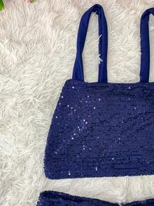 Women's Sequin Shorts, Pockets, Cropped Tops, Straps, Blogger Set - Navy Blue - View 4