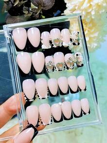 Y2K 24Pcs Set French Style Black & White Tie Dye Polka Press-On Nails, Reusable, With Bowknot, Rhinestones, Cute & Chic, Suitable Dates, Spring, New Year,, Daily, Birthday, Festival, Spring/Summer New Arrival Nail Supplies Nails - 黑白4 - 查看 4