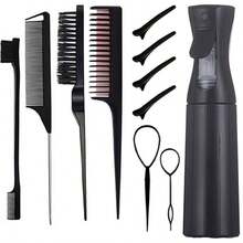 Set de herramientas para peluquería que incluye cepillo desenredante, peine con púas, pinza de partición, anillo de herramienta, botella de rociado continuo. Kit profesional de peluquería adecuado para trenzas, rizos, uso en salón y en casa - Multicolor - Ver 8