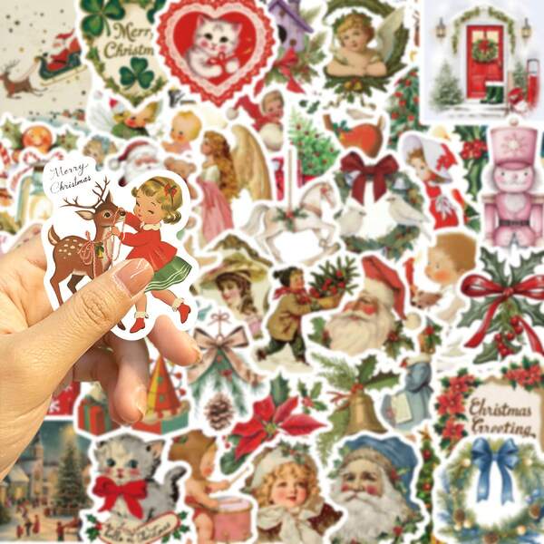 50 piezas Pegatinas navideñas románticas, pegatinas decorativas de PVC con dibujos animados y garabatos festivos personalizados