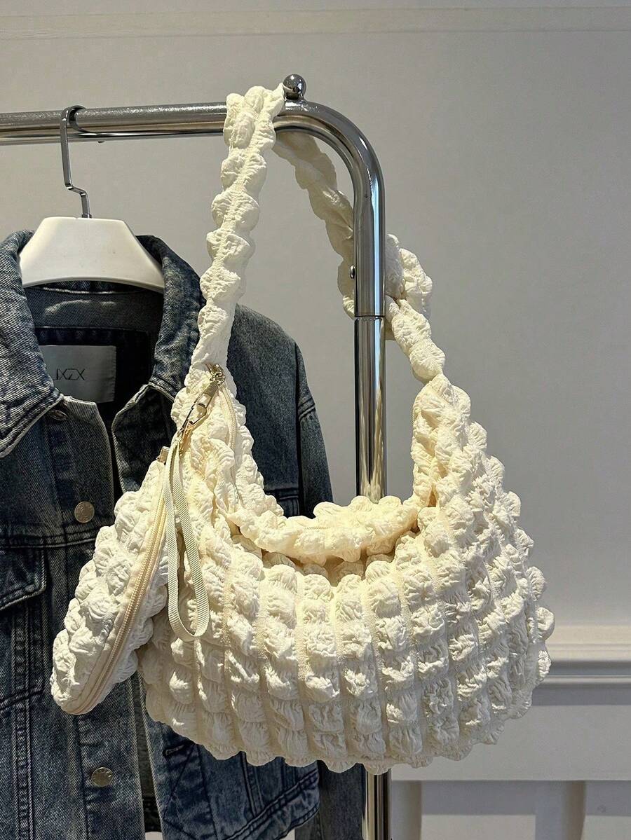 2件装柔软质感大容量母子单肩包休闲通勤泡泡云褶皱包韩版 - 米色 - 查看 1