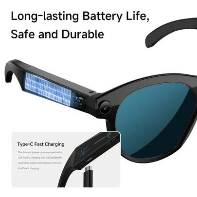 新款大容量电池智能眼镜 多功能太阳镜 多色可选 通话功能 音乐播放 远程拍照 户外运动耳机 可充电 高清镜片 男女通用 触摸感应 AI语音助手 AI翻译 智能物体识别