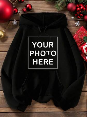 Customized Photo Plus Size Women's Fleece Hoodie Sweatshirt For Christmas, Personalized With Your/Couple/Family/Pet/Friend's Photo, Women's Pullover Hooded Sweatshirt, Christmas Personalized, Christmas Clothing, Autumn Apparel, Back To School, Autumn Women's Fashion, Autumn/Winter Clothing, Holiday Gift, Birthday Gift, Party Outfit, Winter Women's Fashion, Class Uniform, Plus Size Women's Fleece Sweatshirt For Autumn/Winter