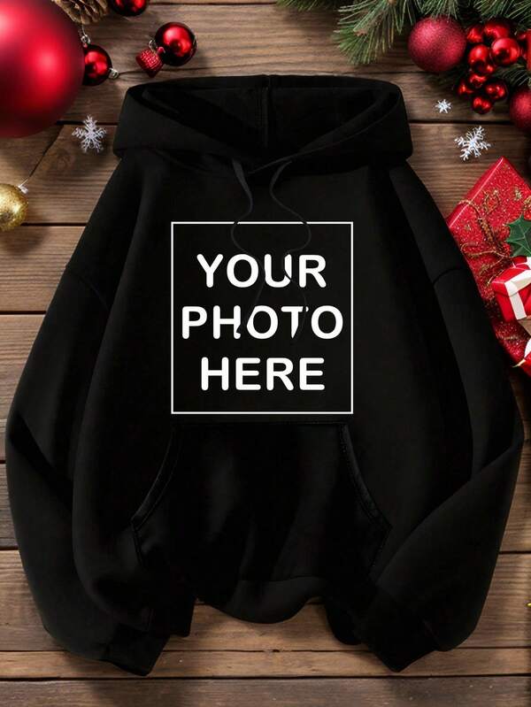 Customized Photo Plus Size Women's Fleece Hoodie Sweatshirt For Christmas, Personalized With Your/Couple/Family/Pet/Friend's Photo, Women's Pullover Hooded Sweatshirt, Christmas Personalized, Christmas Clothing, Autumn Apparel, Back To School, Autumn Women's Fashion, Autumn/Winter Clothing, Holiday Gift, Birthday Gift, Party Outfit, Winter Women's Fashion, Class Uniform, Plus Size Women's Fleece Sweatshirt For Autumn/Winter