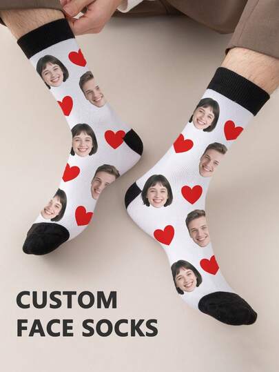 1 par de calcetines con estampado facial personalizado de Navidad, calcetines de media pantorrilla para parejas de hombres y mujeres, personalizados con foto, calcetines de pareja divertidos, cómodos y transpirables, diseño de dibujos animados creativos, perfectos para vacaciones, cumpleaños, regalos del Día de San Valentín, divertidos, locos, anime, multicolor