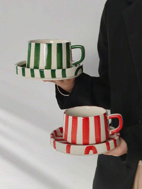 1 Set de taza y platillo de café de cerámica a rayas, taza y plato de cerámica estilo nórdico, taza y platillo para tomar el té por la tarde, taza de agua para la oficina, taza de regalo, adecuado para regalos de Halloween y Navidad