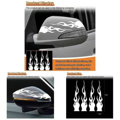 4PCS 5.9 Reflective Car Flame Sticker Decal, Waterproof Self Adhesive Vinyl Auto Side Rearview Mirror Decal Decoration, Universal Car Exterior Accessory Vehicle Motorcycle Silver