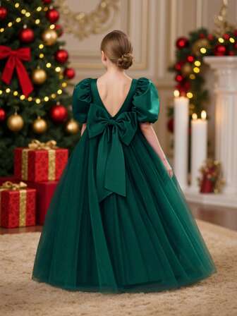 Tween Girl Bowknot Back Deep V Puff Sleeve Mesh Tulle Princess Dress, Suitable For Christmas, Birthday Party, Flower Girl, Wedding, Prom, Holiday Occasion