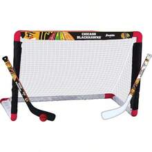 Conjuntos de Mini Hockey de la  de Franklin Sports - Conjunto de Combo de Portería de Hockey de Rodilla, Pelota y 2 Palos de Hockey - Red de Portería Mini - Conjuntos de Hockey Oficiales de la - Halcones Negros de Chicago - Ver 5