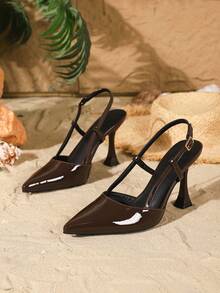 Giày cao gót hở mũi 9cm, khóa cài có thể điều chỉnh, chất liệu PU màu nâu, phù hợp cho đi làm hàng ngày/tiệc tùng/dịp trang trọng, thanh lịch - Cà phê nâu - Xem 6