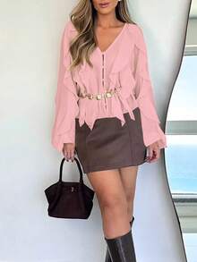 Blouse  en mousseline de soie à col en V élégant, volants à l'ourlet asymétrique et boutons, manches longues, rose - Rose bonbon - Voir 5