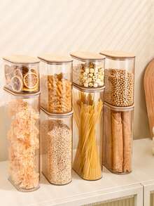 1pc Transparent Airtight Canister With Bamboo Lid, Large Capacity Kitchen Storage Container, Grain Dispenser, For Storing Grains, Rice, Pasta And Snacks, Kitchen Accessories, Meal Prep, Dining Tools - Transparent - View 7