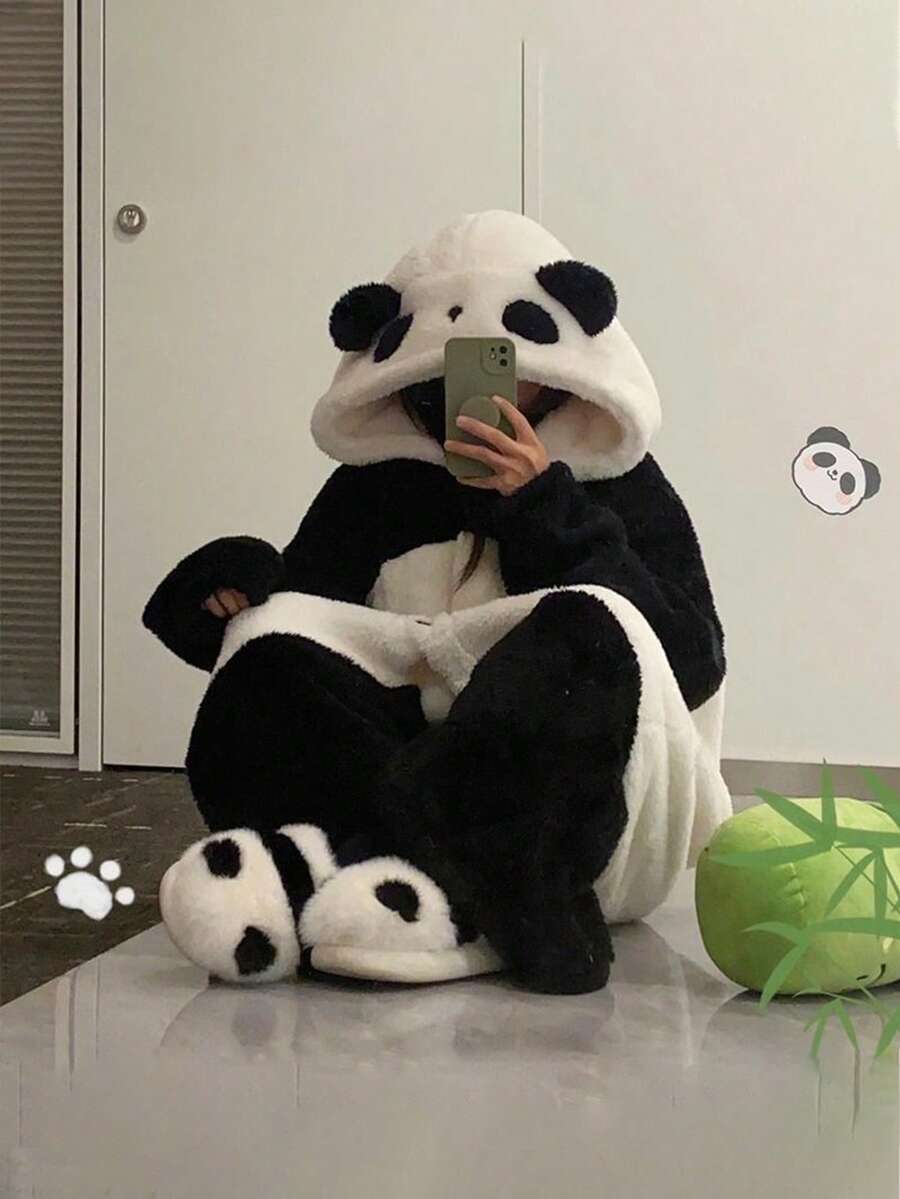 秋冬季毛绒熊猫睡衣 - 超可爱趣味熊猫睡衣：冬季加厚保暖内衬，可爱图案口袋睡衣，女士纽扣浴袍，送给亲朋好友的完美礼物，舒适休闲的居家服，适合派对穿着，男女情侣款，角色扮演睡衣派对 - 彩色 - 查看 1