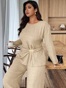 Bộ đồ 2 mảnh cỡ lớn mùa xuân & hè, có dây thắt eo, trang trí khóa kim loại, màu trơn, trang nhã, thanh lịch, phù hợp cho đám cưới, phong cách tối giản thành thị, tiệc tùng, đi biển, kỳ nghỉ, bộ đồ nữ màu kaki. - Màu Khaki - Xem 5