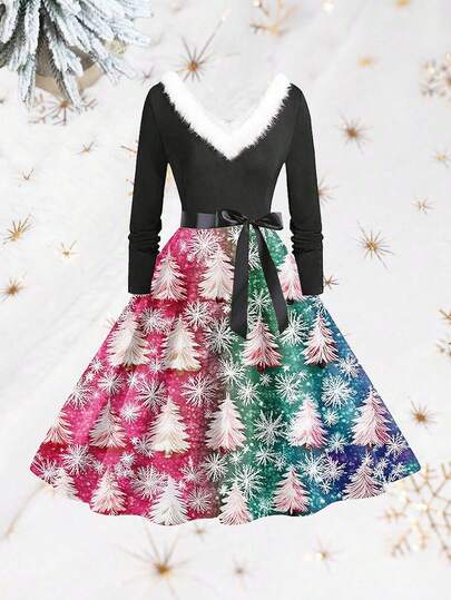 Vintage Weihnachten bunte Weihnachtsbaum & Schneeflocken Muster Fellkragen Taille hoch Patchwork Langarm Glockenkleid mit Schleife