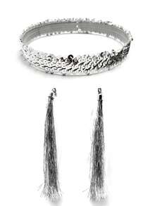 一套女士复古70/80年代迪斯科配饰 - 亮片发箍 + 流苏耳环，适合复古迪斯科风格、圣诞节、万圣节、派对、嘻哈音乐节，吸睛组合，适合女孩派对装扮