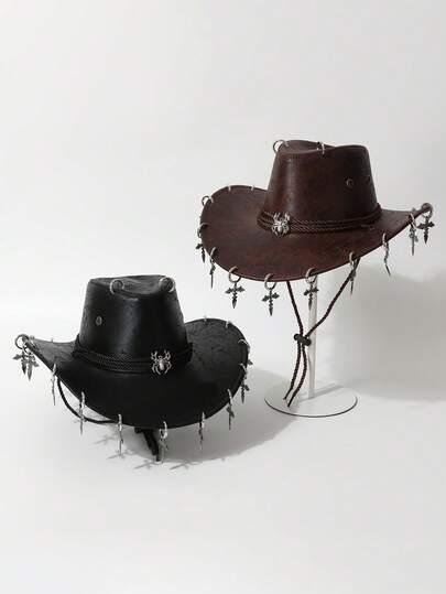 1pc Unisex Distressed PU Leather Metal Decor Cowboy Hat, Jazz Hat, Panama Hat. Suitable For Music Festivals, Cowboy Themed Events, Retro Parties, Cosplay, Costume Nights, Holiday Dances, Bachelor Parties, Birthday Celebrations, Stage Performances, And Daily Wear