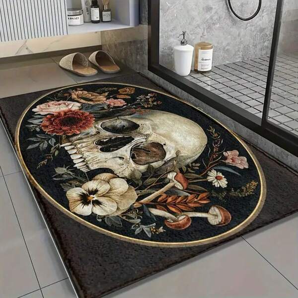 Heavy Duty Faux Cashmere Colorful Floral Skull Pattern Doormat, Area Rug, Bedroom, Coffee Table, Bedside Rug, Suitable For Living Room, Bedroom, Home Decor, Washable, Multi-Size, Multi-Color, Holiday Limited Edition Carpet