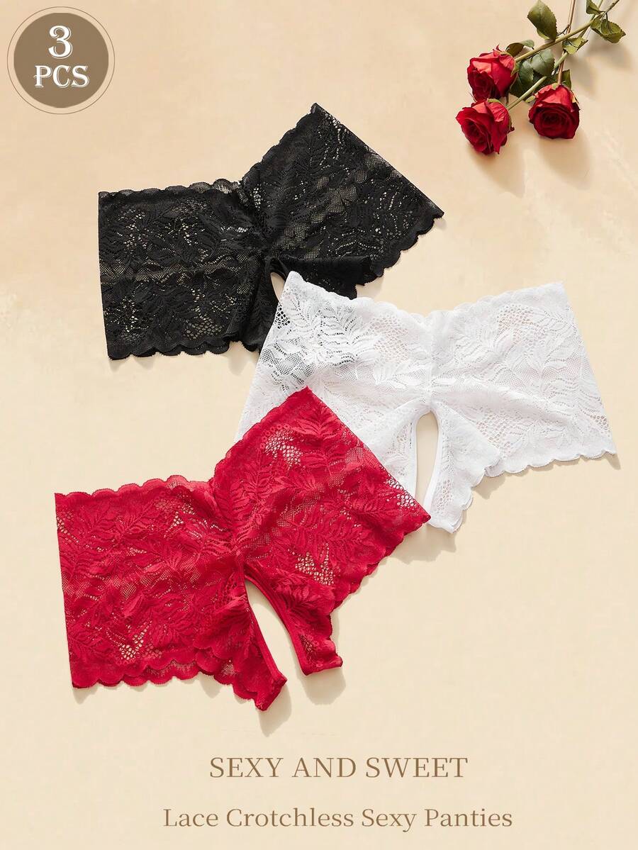 3PCS Boxer Shorts Women Sexy Lace Hollow Semi Translucent Crotchless No Need To Take It Off Women Sexy Panties, Sweet Spicy Sexy Hot Lingerie, Light And Soft Hip Covering All Seasons Underwear, Home Travel Party Gift Christmas - Multicolor - View 1