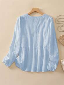Áo blouse thêu tay dài cổ chữ V cạp cao ngọt ngào dành cho nữ, thích hợp mặc đi làm vào mùa xuân và mùa thu - Màu xanh nhạt - Xem 5