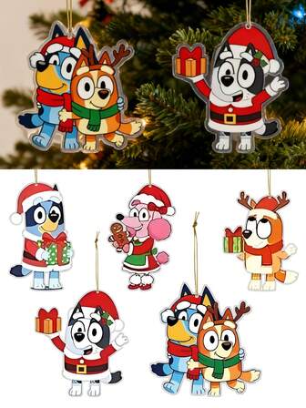  5 件/套 Blueys 家人和朋友圣诞饰品 2D 平面亚克力圣诞树装饰吊坠可爱宾果狗可爱可可生锈松饼汽车房间吊坠装饰配件适合圣诞派对主题和家居装饰