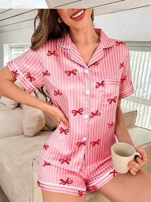 蝴蝶结条纹印花短袖短裤女士睡衣套装 - 紅色 - 查看 4