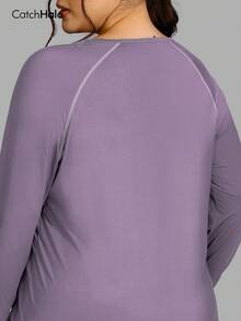 Plus Size Women Long Sleeve Yoga Top, Raglan Sleeve Design, Curved Hem, Loose Fit, Soft & Comfortable, Suitable For Fitness & Leisure Sports - Mauve Purple - View 7