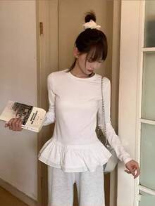 芭蕾舞风格荷叶边黑色长袖T恤，女士新款修身打底衫上衣休闲白色 - 白色 - 查看 3