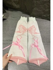 New Y2K Sock Covers Butterfly Drawstring Lolita Slouch Socks JK Girl Long Tube Knitted Wide Leg Warmers Perfect For Matching With Small Leather Shoes Sweet Girl Style Outfit Super Suitable For Daily Outings Or Photos Eye-Catching Must Buy~ - 抽繩蝴蝶白粉 - 查看 13