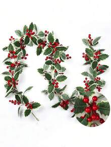 1 pieza Guirnalda de Navidad artificial de 5.8 pies con bayas rojas, hojas de acebo y decoración de flores de ratán para la decoración del hogar