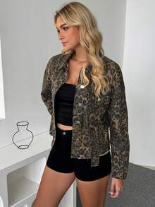 Leopard Print Raw Hem Cropped Denim Jacket - Long Sleeve Versatile Basic Coat For Women Fall Winter