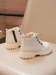 1 Pair Beige Thermal Lined Warm Ankle Boots For Toddlers & Kids, Soft & Comfortable Elastic Plush + PU Material, Warm Zipper Design Round Toe Soft Sole, Simple & Fashionable, Suitable For Boys & Girls Indoor/Outdoor Wear, Autumn/Winter New - Beige - View 6