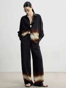 2pcs Christmas Women Loose Suit | Geometric Embroidery Cuff Design | Middle Eastern Elegant 2 Pieces Set Fashionable Versatile Malay Outfit | Graceful Arabic Suit, Vacation Style,Gradient Color Design Loose Fit, High-Waisted Trousers, And Open Front Blouse For Spring/Fall, Casual Attire