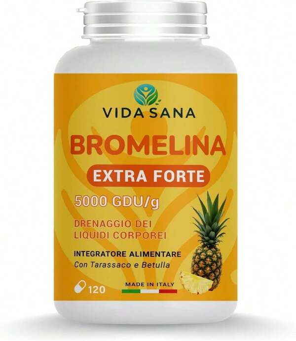 Vida Sana 120 Cps Bromelina Extra forte 5000 gdu/g DIURETICO Anticellulite alta titolazione drenante naturale forte dimagrante Detox Tarassaco elimina ritenzione idrica gambe per sgonfiare pancia e addome