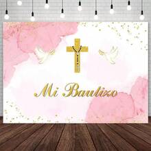 D7x5ft Mi Bautizo Backdrop For Girls Baptism Christening First Holy Communion Photography Background Watercolor Pink Gold  God Bl Newborn Baby Shower Party Decorations Banner Photo Props - Hồng - Xem 1