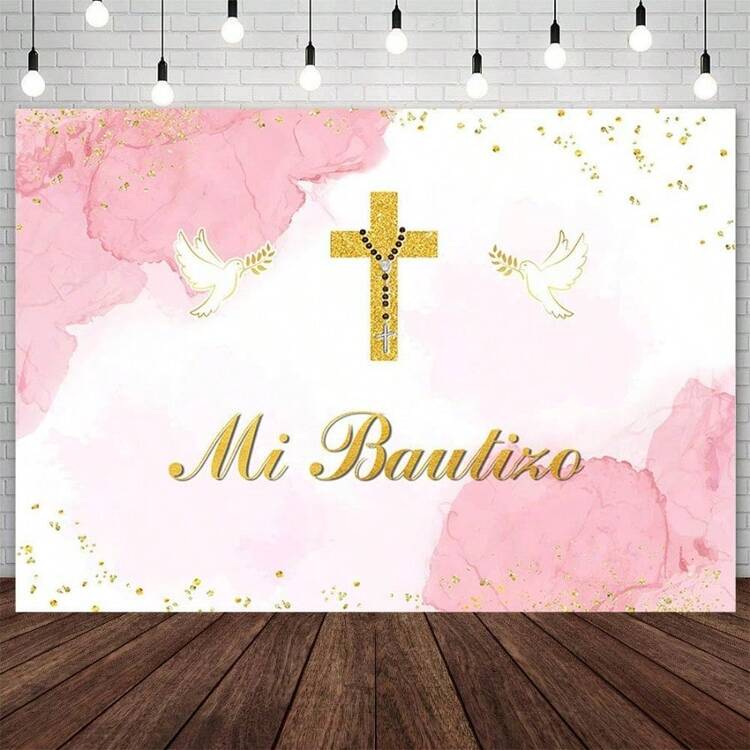 D7x5ft Mi Bautizo Backdrop For Girls Baptism Christening First Holy Communion Photography Background Watercolor Pink Gold  God Bl Newborn Baby Shower Party Decorations Banner Photo Props - 粉色 - 查看 1