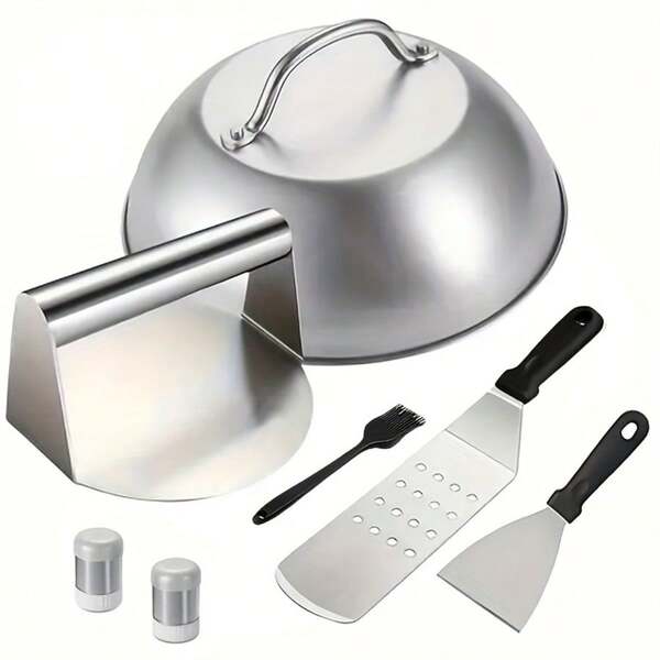 2/3/4/5pcs Stainless Steel Barbecue Grill Accessories Set, Includes Burger Press, Cheese Melting Dome, And Oil Brush, Suitable For Outdoor Cooking